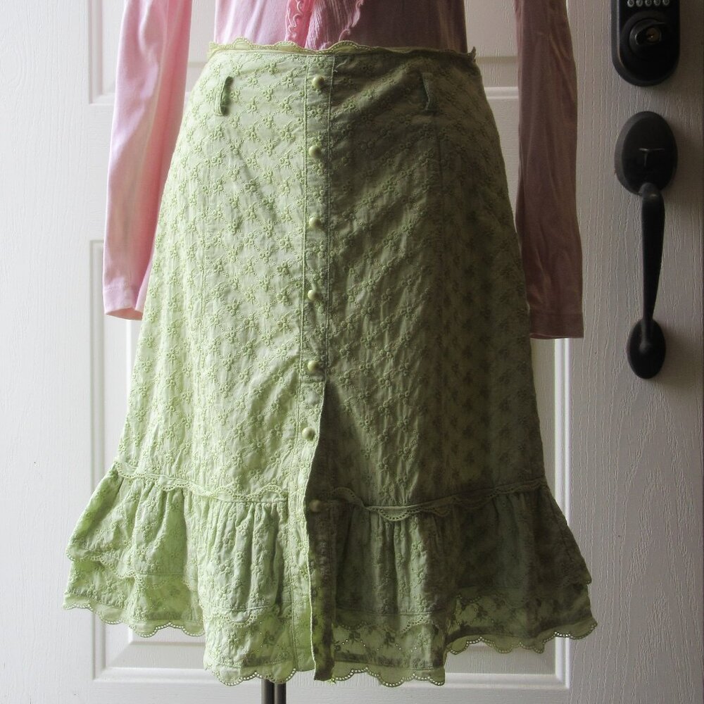 Anthropologie Odille Vintage Sage Green Scalloped Cotton Eyelet Skirt Size 6